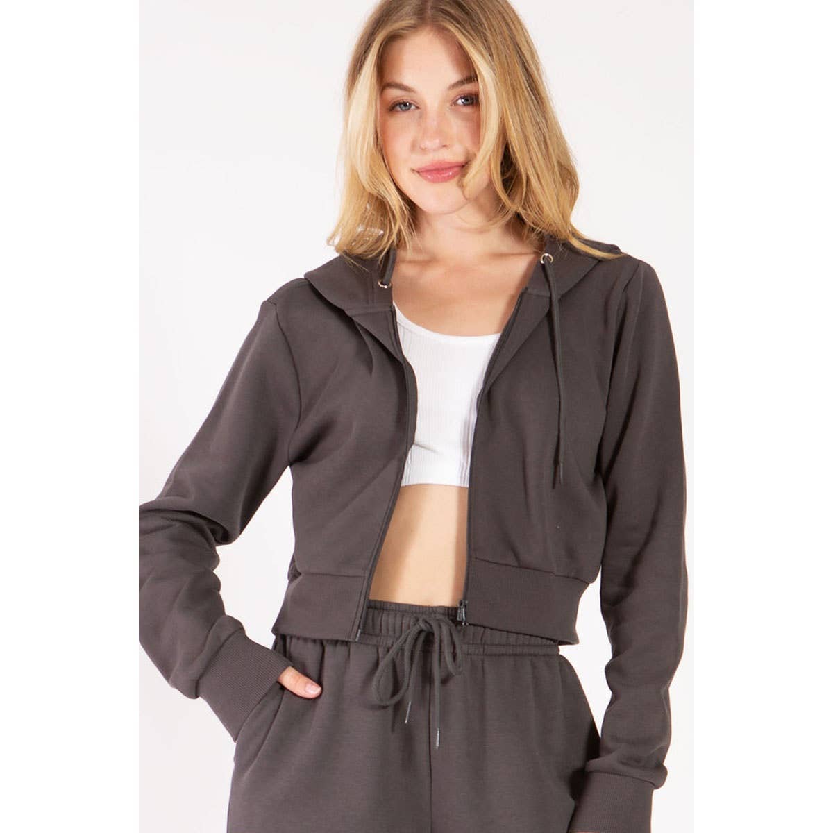 Cropped Fleece Zip Up Hoodie Jacket