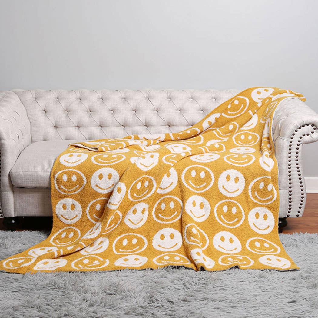 Happy Face Patterned Throw Blanket: Blue / ONE SIZE