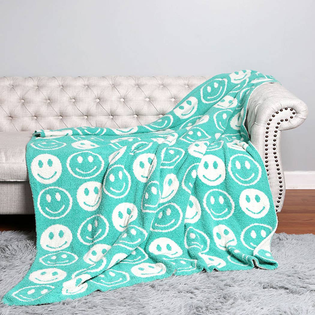 Happy Face Patterned Throw Blanket: Blue / ONE SIZE