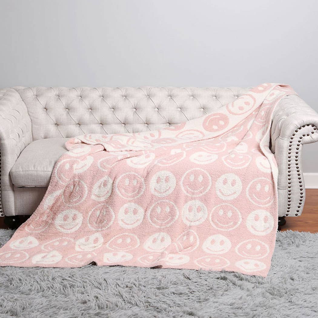 Happy Face Patterned Throw Blanket: Blue / ONE SIZE