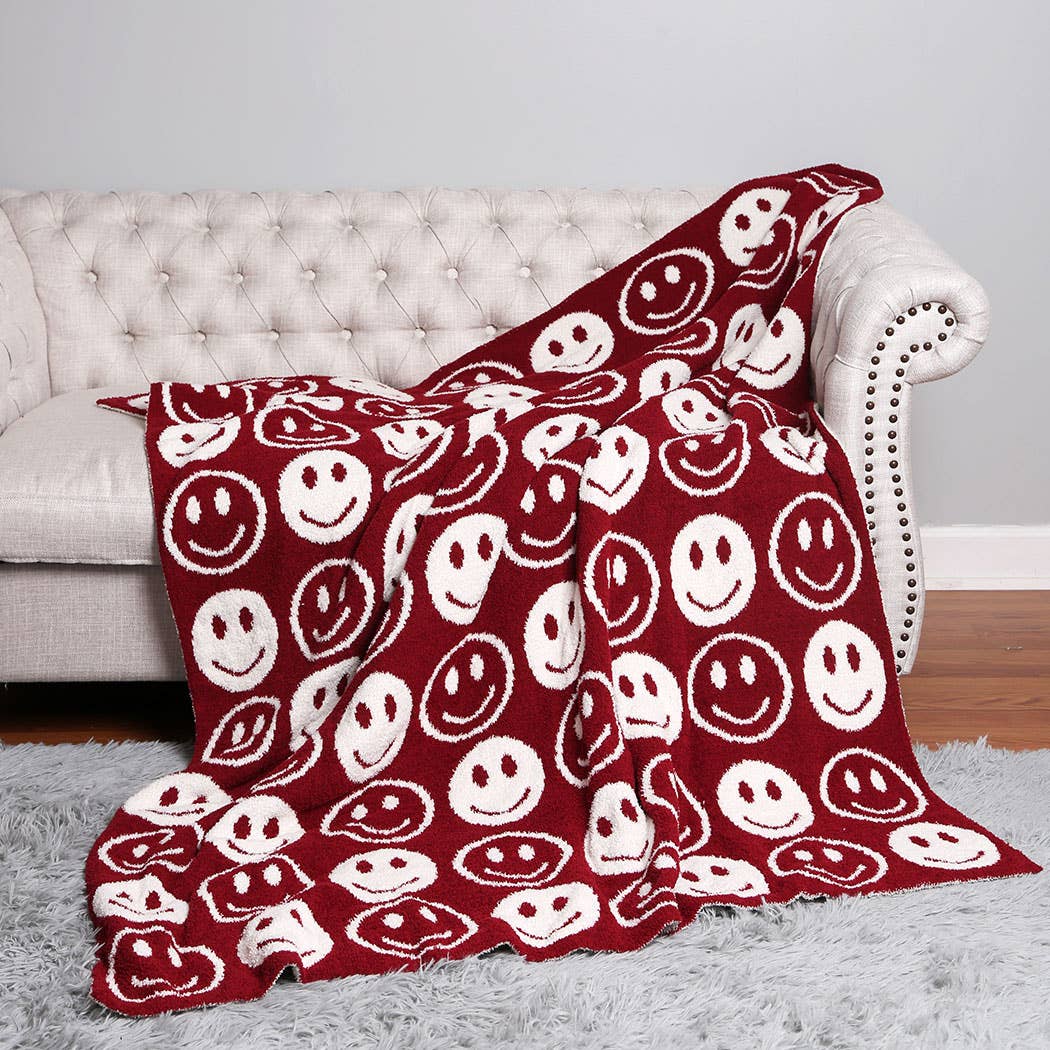 Happy Face Patterned Throw Blanket: Blue / ONE SIZE