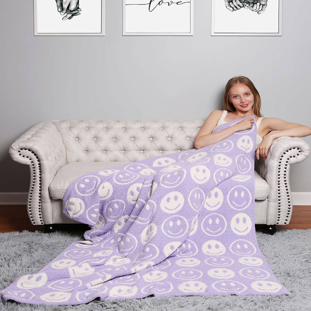 Happy Face Patterned Throw Blanket: Blue / ONE SIZE