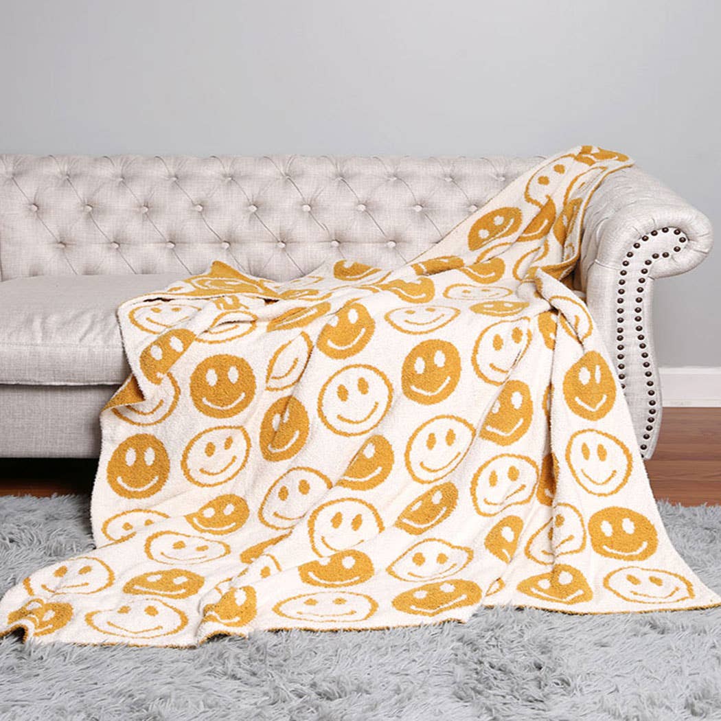 Happy Face Patterned Throw Blanket: Blue / ONE SIZE