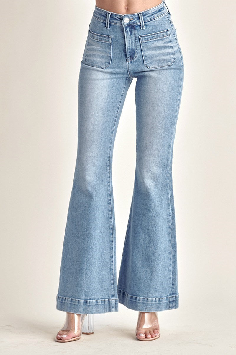 RISEN | HIGH-RISE PATCHED POCKET FLARE JEANS