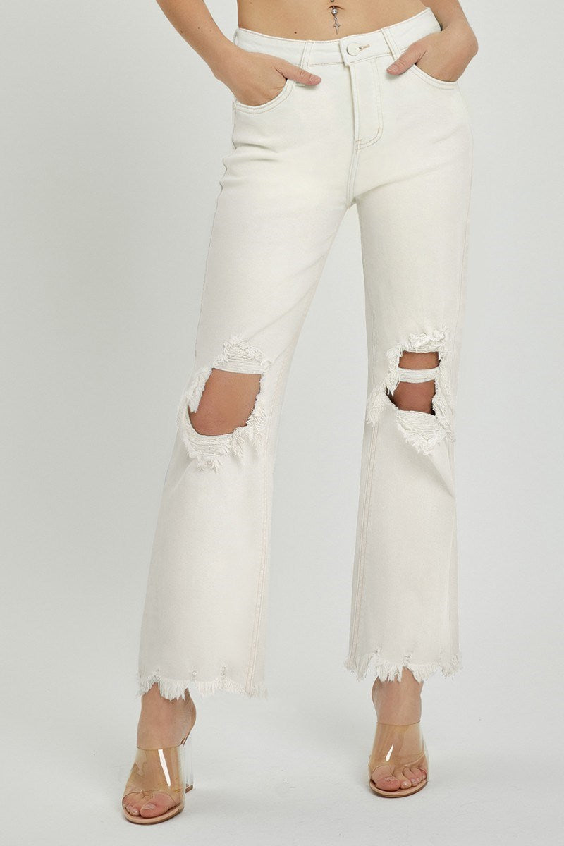 RISEN | HIGH RISE KNEE DISTRESSED STRAIGHT JEANS