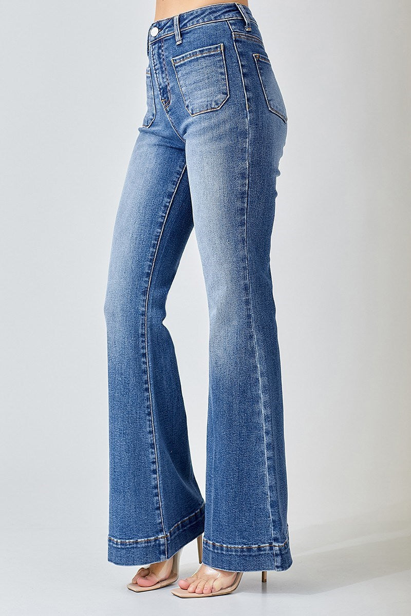 RISEN | HIGH-RISE PATCHED POCKET FLARE JEANS