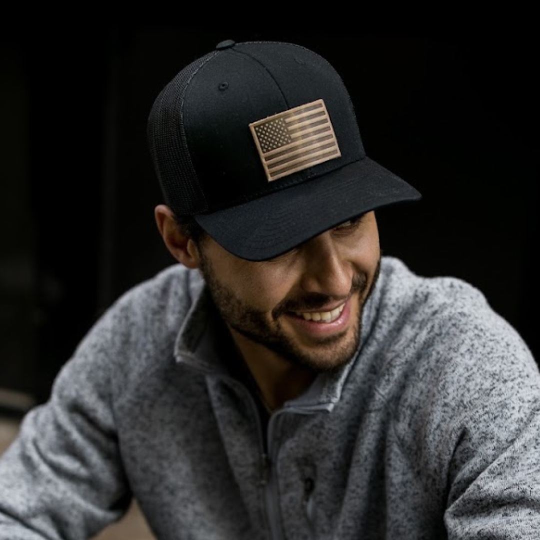 American Flag Hat | Leather Patch Trucker Hat