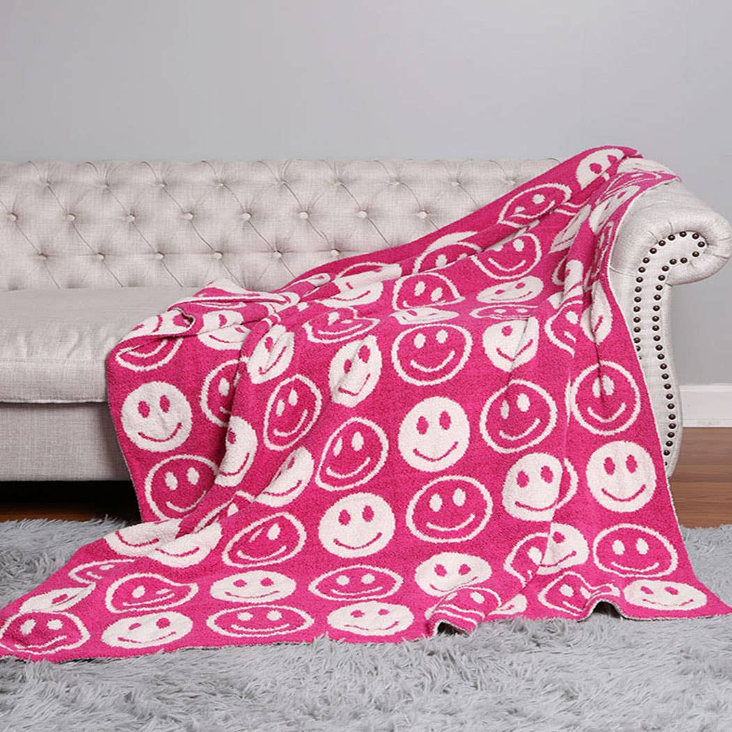 Happy Face Patterned Throw Blanket: Blue / ONE SIZE