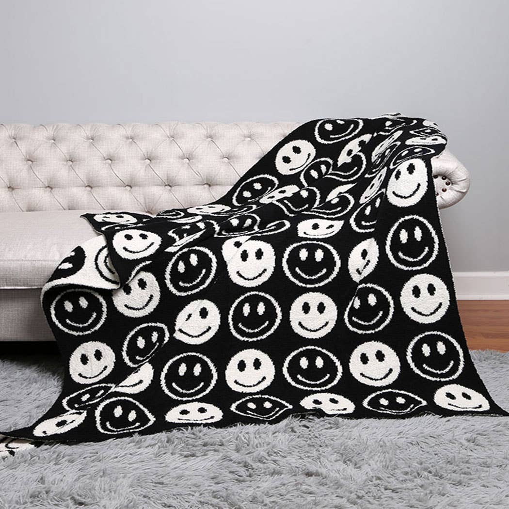 Happy Face Patterned Throw Blanket: Blue / ONE SIZE