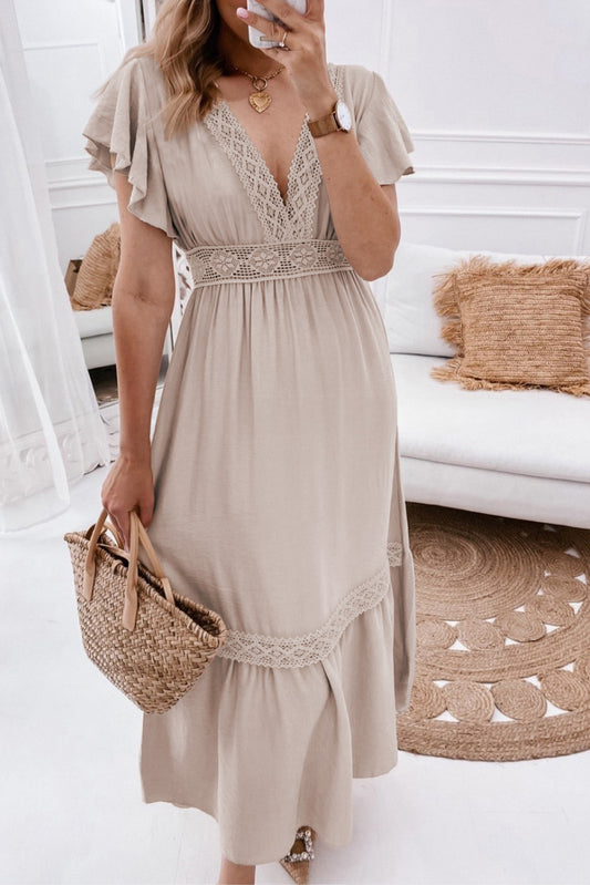 Khaki Lace V-Neck Dress