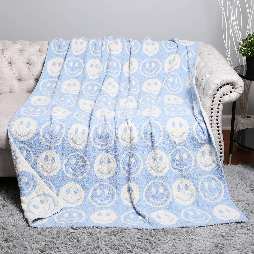 Happy Face Patterned Throw Blanket: Blue / ONE SIZE