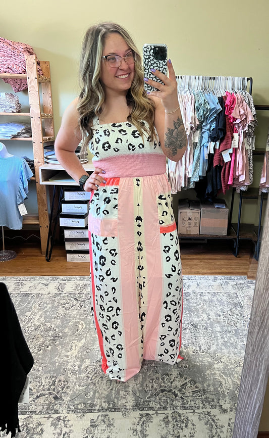 Pink Leopard Color Block Jumpsuit