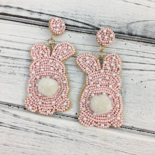 Pink Easter Bunny with Tail Beaded Earrings