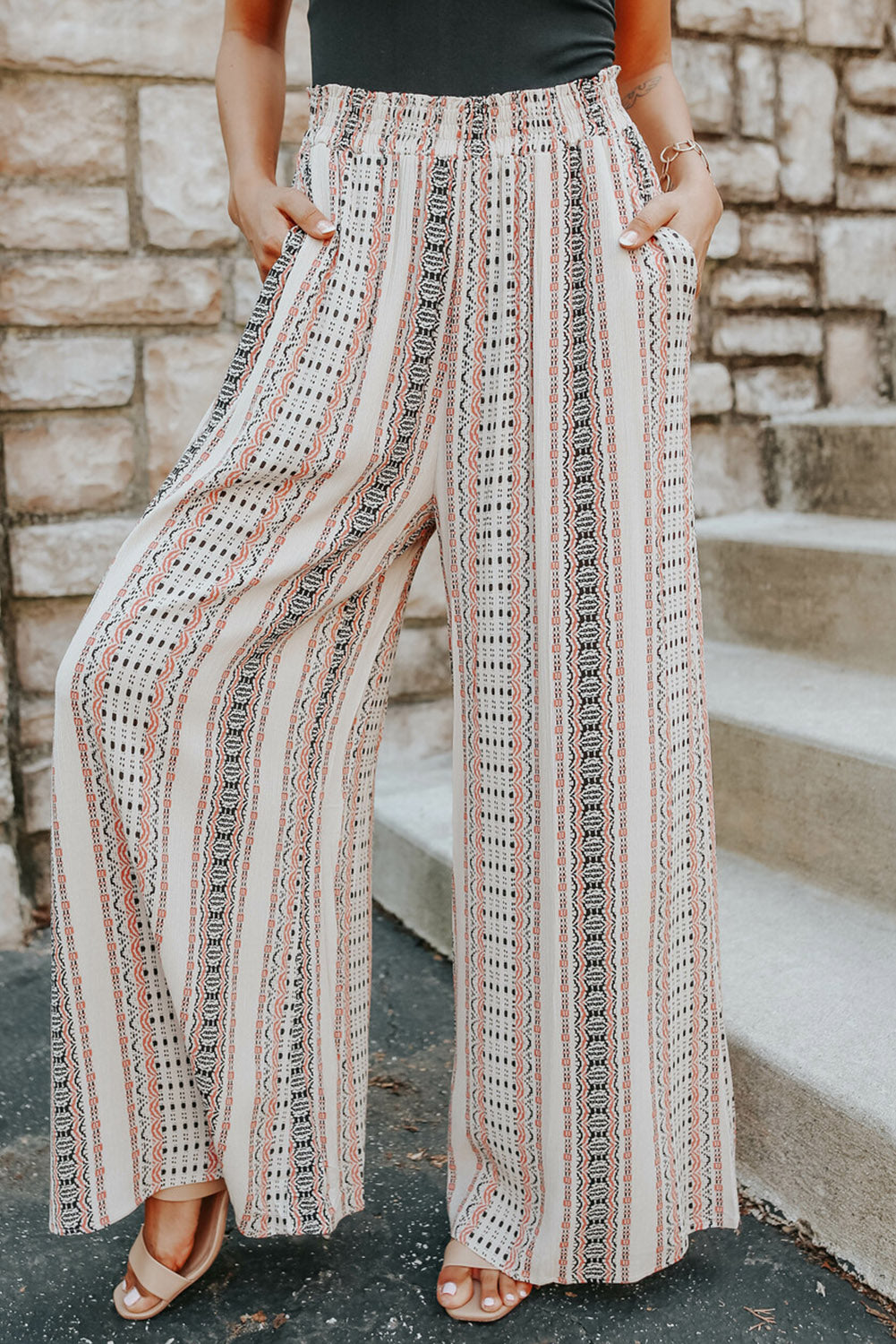 Beige Geometric Wide Leg Pants