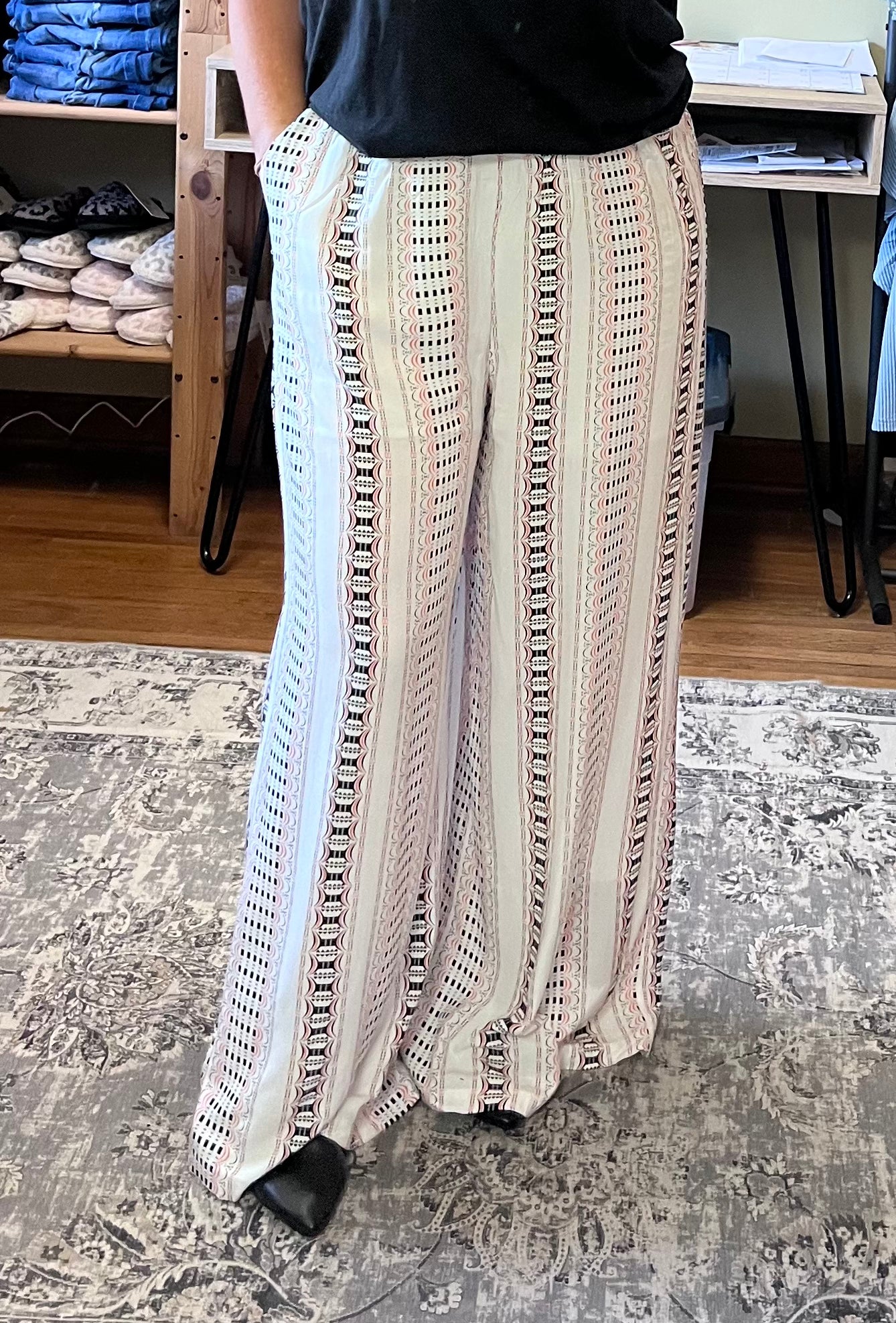 Beige Geometric Wide Leg Pants