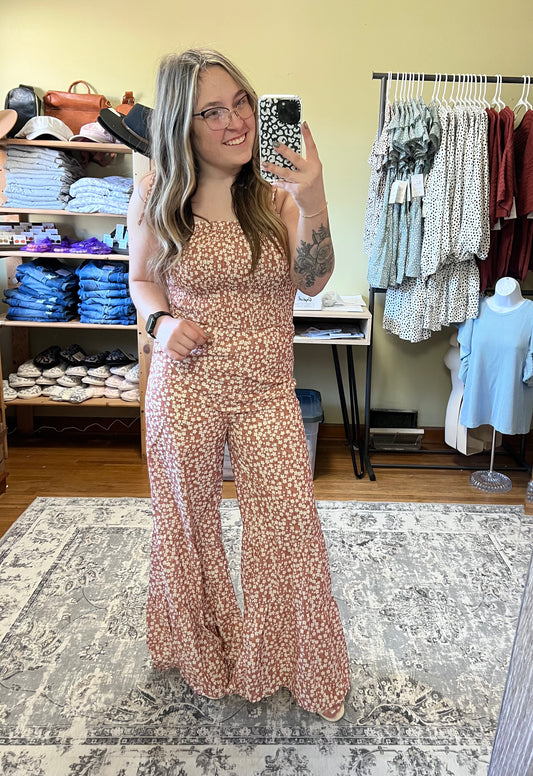 Khaki Wide Leg Floral Jumpsuit